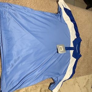 Blue and white golf polo shirt.